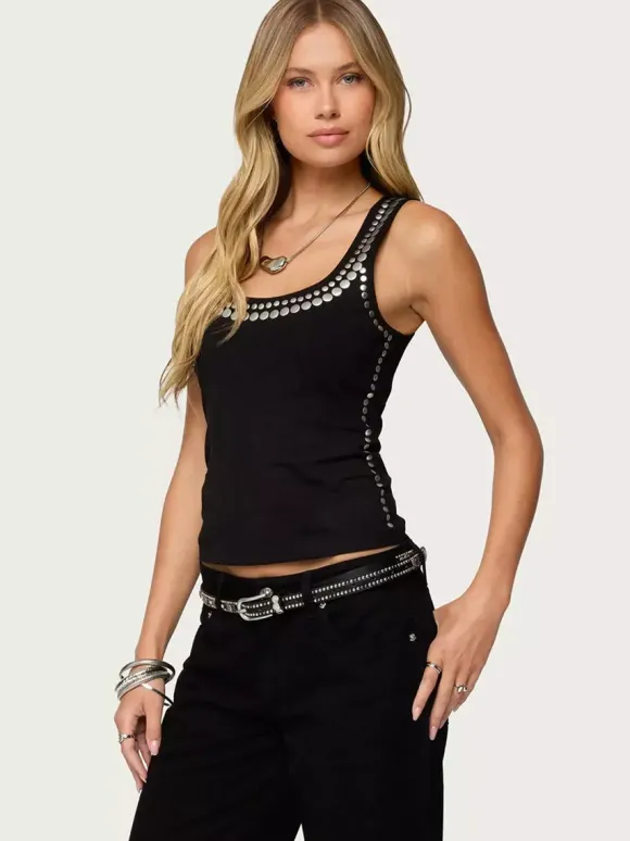 Débardeur noir à col rond et rivets style camisole sexy pour femme