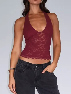 Débardeur rose à bretelles col en U dentelle dos nu chic pour femmes