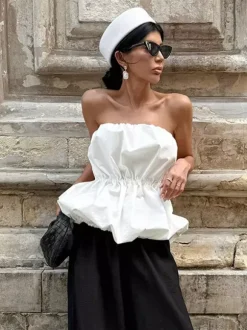 Débardeur rose sans bretelles plissé sexy dos nu en coton pour femme