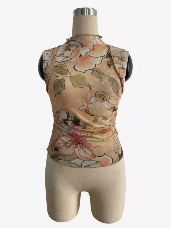 Débardeur sans manches en maille à col montant froncé et imprimé floral vintage pour femme 2026