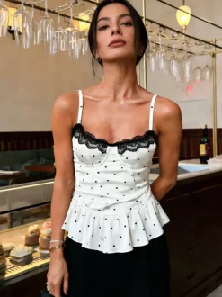 Débardeur blanc à bretelles col à pois décontracté sans manches pour femme été