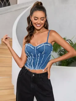 Débardeur bleu à bretelles fines et sexy en jean pour femme