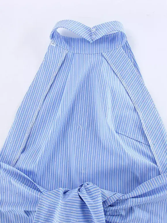 Débardeur bleu dos nu à strass et lacets sexy en coton pour femme