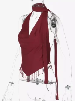 Débardeur bordeaux à bretelles franges au col et épaules dénudées sexy pour femme