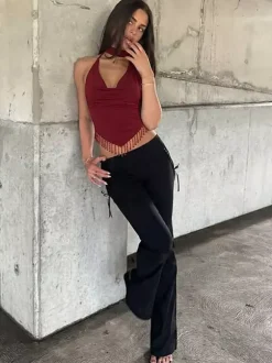 Débardeur bordeaux à bretelles franges au col et épaules dénudées sexy pour femme