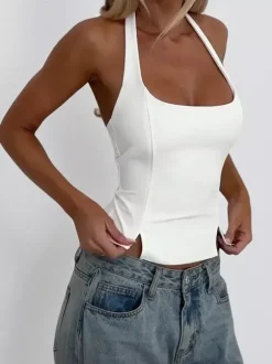 Débardeur court dos nu à bretelles - Camisole sexy Balletcore dos nu zippé - Débardeur slim Coquette Aesthetic Night Out 2026