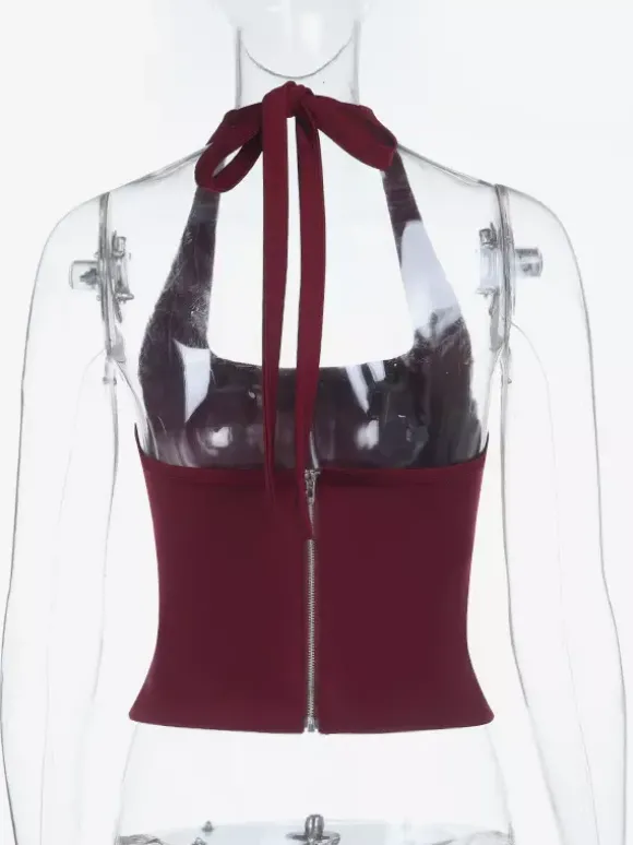 Débardeur court dos nu à bretelles - Camisole sexy Balletcore dos nu zippé - Débardeur slim Coquette Aesthetic Night Out 2026