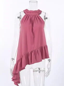 Débardeur dos nu rose poudré froncé ourlet asymétrique à volants blouse d'été fluide