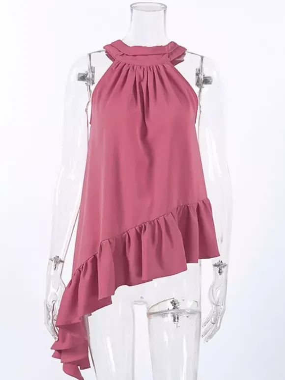 Débardeur dos nu rose poudré froncé ourlet asymétrique à volants blouse d'été fluide