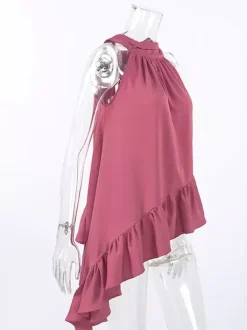 Débardeur dos nu rose poudré froncé ourlet asymétrique à volants blouse d'été fluide