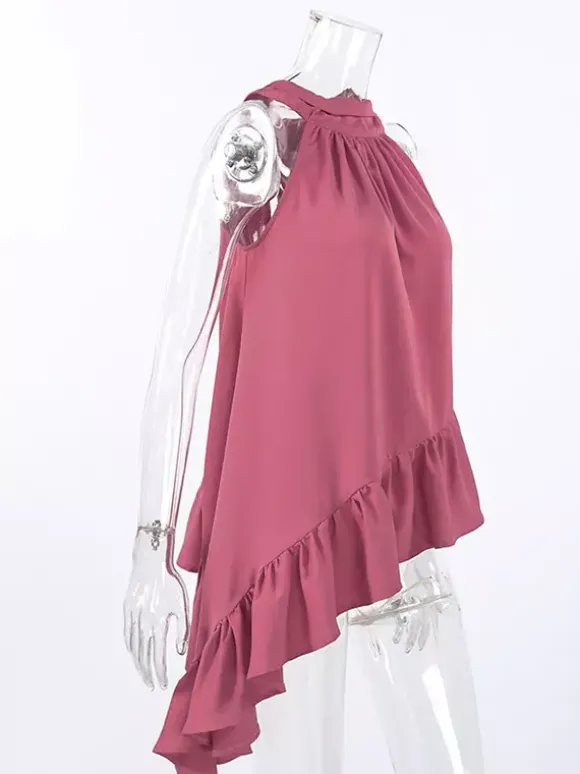 Débardeur dos nu rose poudré froncé ourlet asymétrique à volants blouse d'été fluide