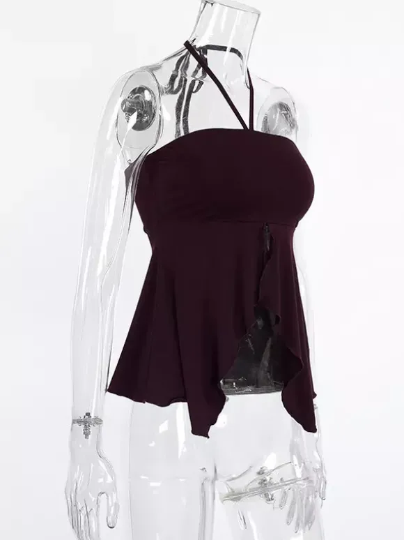 Débardeur marron à volants dos nu en lycra spandex chic et élégant pour femmes