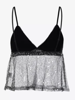 Débardeur noir à bretelles fines et dentelle au col sexy en polyester pour femme