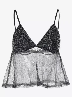 Débardeur noir à bretelles fines et dentelle au col sexy en polyester pour femme