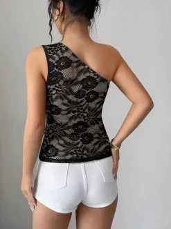 Débardeur noir à col cranté imprimé floral dentelle style décontracté en nylon pour femme