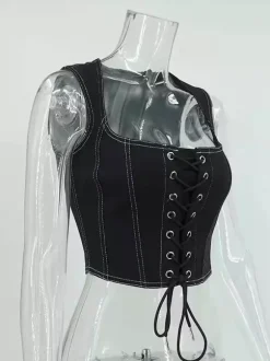 Débardeur noir à lacets en polyester sexy pour femme