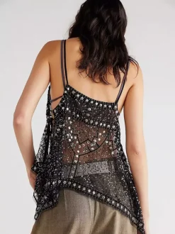 Débardeur orange à bretelles col à sequins et perles dos nu chic pour femmes