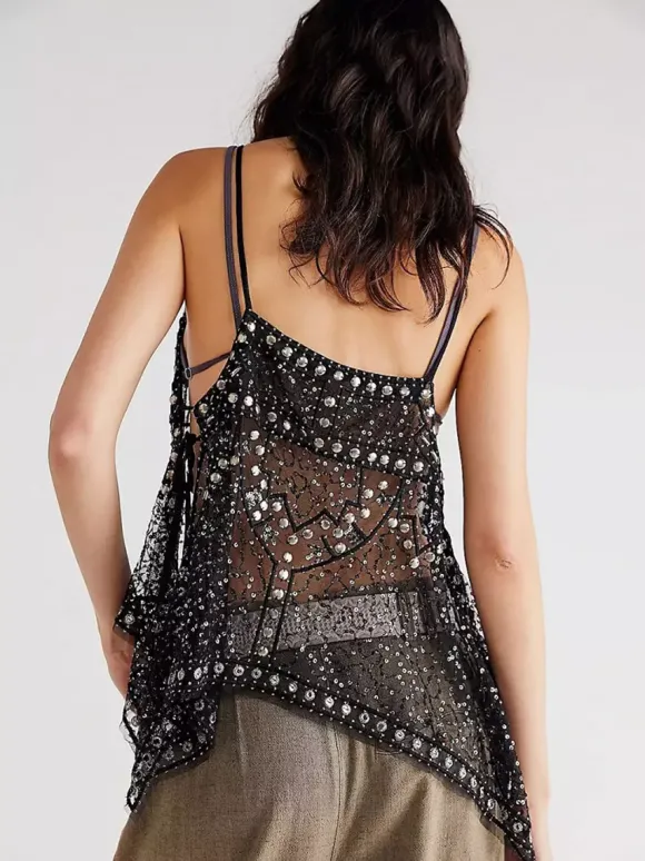 Débardeur orange à bretelles col à sequins et perles dos nu chic pour femmes