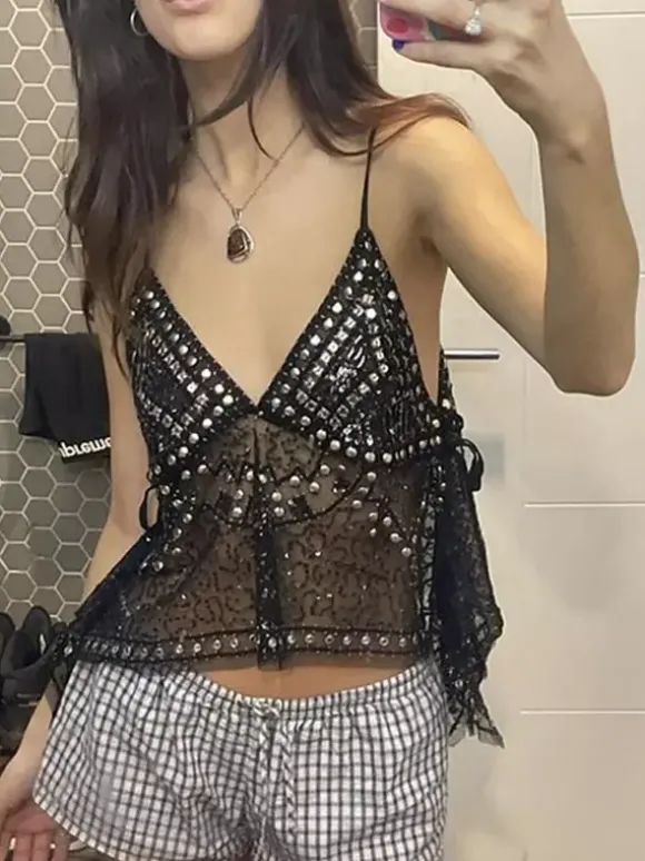 Débardeur orange à bretelles col à sequins et perles dos nu chic pour femmes
