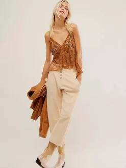 Débardeur orange à bretelles col à sequins et perles dos nu chic pour femmes