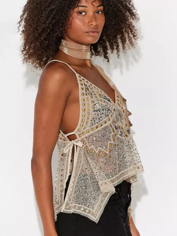 Débardeur orange à bretelles col à sequins et perles dos nu chic pour femmes