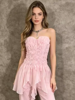 Débardeur rose sans bretelles à volants plissés chics pour femmes
