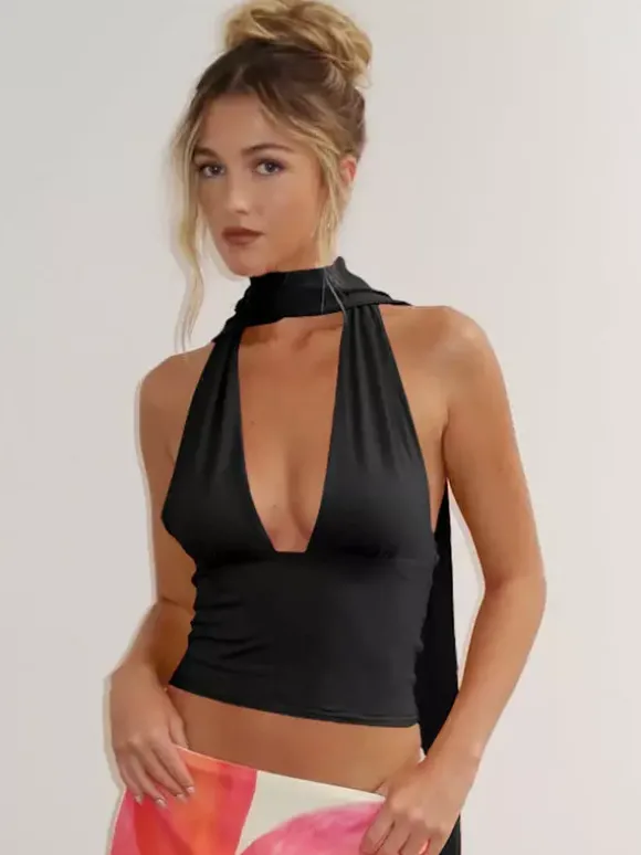 Débardeur rouge dos nu à lacets sans manches sexy pour femme