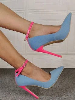 Denim talons hauts femmes bout pointu talon aiguille grande taille escarpins à bride cheville