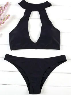 Deux Pièces Maillots de Bains Femmes Etés Sexy Taille Haute avec Bretelles à Col Rond Ouvert sur Devant Unicolore