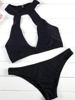 Deux Pièces Maillots de Bains Femmes Etés Sexy Taille Haute avec Bretelles à Col Rond Ouvert sur Devant Unicolore