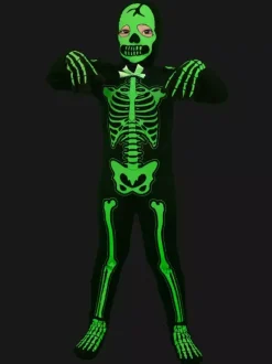 Déguisement de squelette lumineux d'Halloween pour enfants combinaison réactive à la lumière noire avec imprimés 3D
