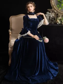 Déguisement Robe de Soirée Médiéval Rétro Costumes Avec Lacet Costume Vintage Bleu Foncé Déguisements Robe Princesse Halloween