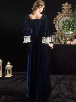 Déguisement Robe de Soirée Médiéval Rétro Costumes Avec Lacet Costume Vintage Bleu Foncé Déguisements Robe Princesse Halloween
