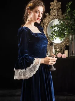 Déguisement Robe de Soirée Médiéval Rétro Costumes Avec Lacet Costume Vintage Bleu Foncé Déguisements Robe Princesse Halloween