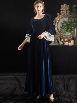 Déguisement Robe de Soirée Médiéval Rétro Costumes Avec Lacet Costume Vintage Bleu Foncé Déguisements Robe Princesse Halloween