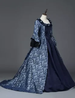 Déguisement Robe De Soirée Médiéval Costume Rétro Femme Marie-Antoinette Robe De Bal À Imprimé Floral En Satin Mat Halloween