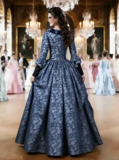 Déguisement Robe De Soirée Médiéval Costume Rétro Femme Marie-Antoinette Robe De Bal À Imprimé Floral En Satin Mat Halloween