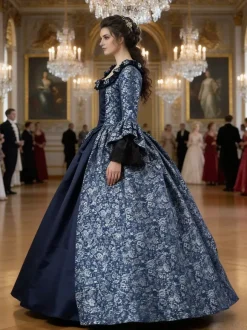 Déguisement Robe De Soirée Médiéval Costume Rétro Femme Marie-Antoinette Robe De Bal À Imprimé Floral En Satin Mat Halloween