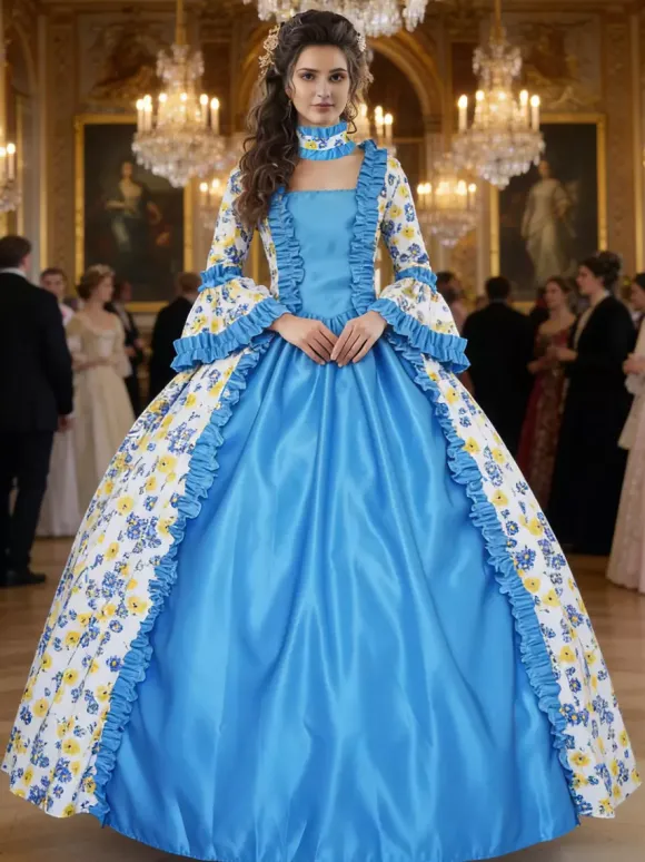 Déguisement Vintage Robe Noire Gothique Rétro Soirée costumes Marie-Antoinette Bleu Blanc