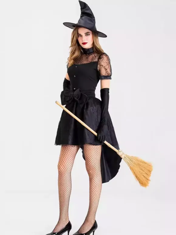 Déguisement de sorcière noire sexy pour adultes idéal pour Halloween et les représentations sur scène.