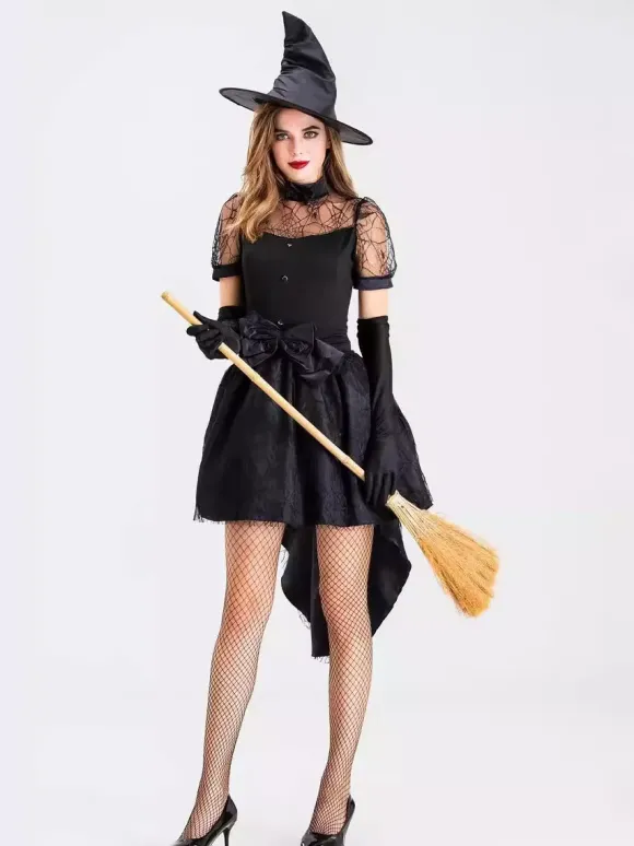 Déguisement de sorcière noire sexy pour adultes idéal pour Halloween et les représentations sur scène.