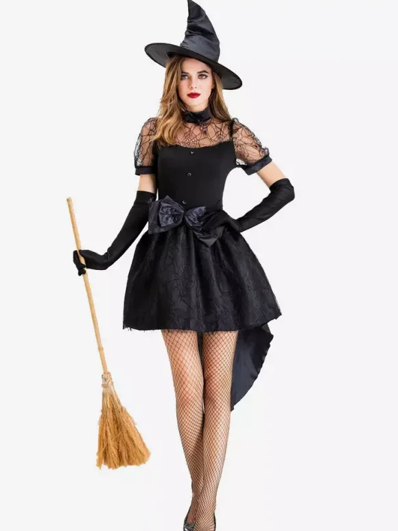 Déguisement de sorcière noire sexy pour adultes idéal pour Halloween et les représentations sur scène.