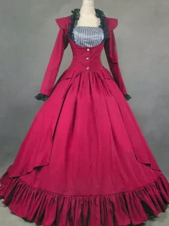 Déguisement Robe De Soirée Médiéval Costume De Robe Victorienne Manches Longues Robe De Bal Rouge Bouton À Volants Pour Femmes 18ère Victorienne Vêtements Rétro Carnaval Bourgogne
