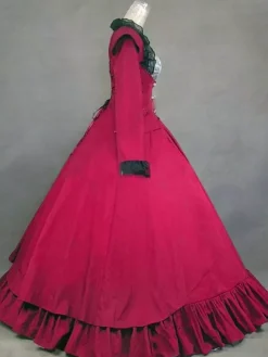 Déguisement Robe De Soirée Médiéval Costume De Robe Victorienne Manches Longues Robe De Bal Rouge Bouton À Volants Pour Femmes 18ère Victorienne Vêtements Rétro Carnaval Bourgogne