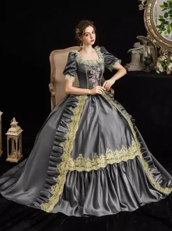 Déguisement Robe De Soirée Médiéval Princesse Robes Gris Costumes Rétro Femmes Dentelle Floral Marie Antoinette Costume Robe Déguisements Halloween