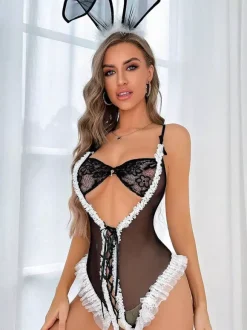 Déguisements de fille lapin sexy et doux pour club rave nuisette en résille transparente pour femmes