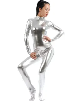 Déguisements Halloween Zentai Métallique Brillant Argent Catsuit Costume