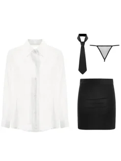 Déguisements Sexy Costumes Femme Body Ensembles 4 Pièces Transparents Tops Manches Longues Jupe Moulante Courte Cravate
