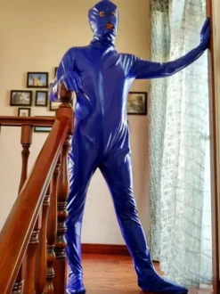 Déguisements Halloween Costume de Zentai Bleu de Combinaison de PVC Yeux Ouverts et Bouche Ouverte