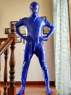 Déguisements Halloween Costume de Zentai Bleu de Combinaison de PVC Yeux Ouverts et Bouche Ouverte